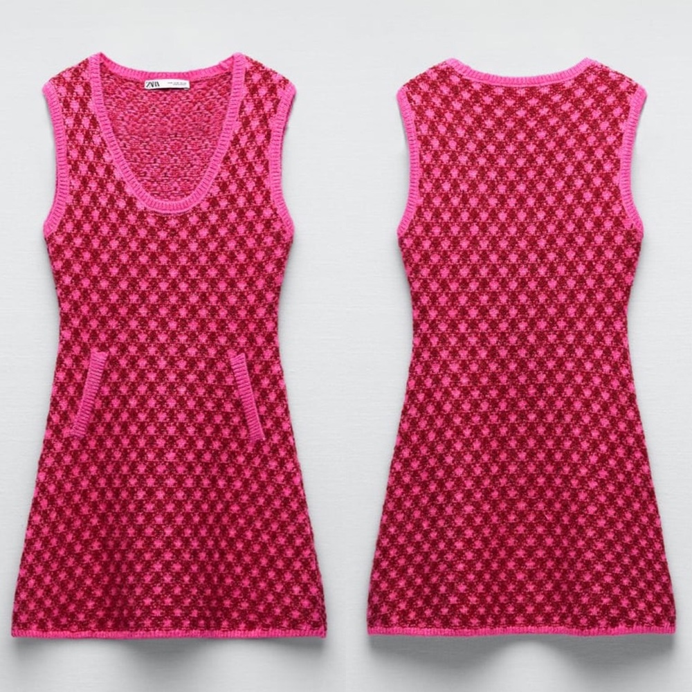Zara PLAID KNIT Sleeveless Mini A-Line Dress w/ Round Neckline Size S Pink NEW - Picture 15 of 16
